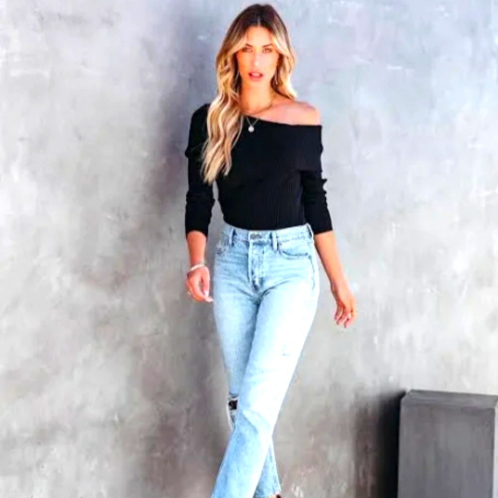 Candies Ribbed Off Shoulder Long Sleeve Black Size Small